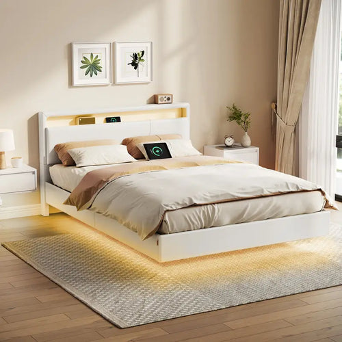 Lit double, 55"x75" (140x190cm), lit flottant avec éclairage LED, grand dossier, prise électrique, style moderne